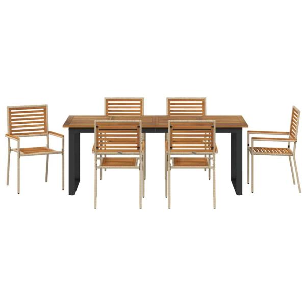 7-Personen Garten Essgruppe Beige Poly Rattan Akazie, Stapelbare Gartenstühle mit Kissen - Set von 2 in Beige Poly Rattan