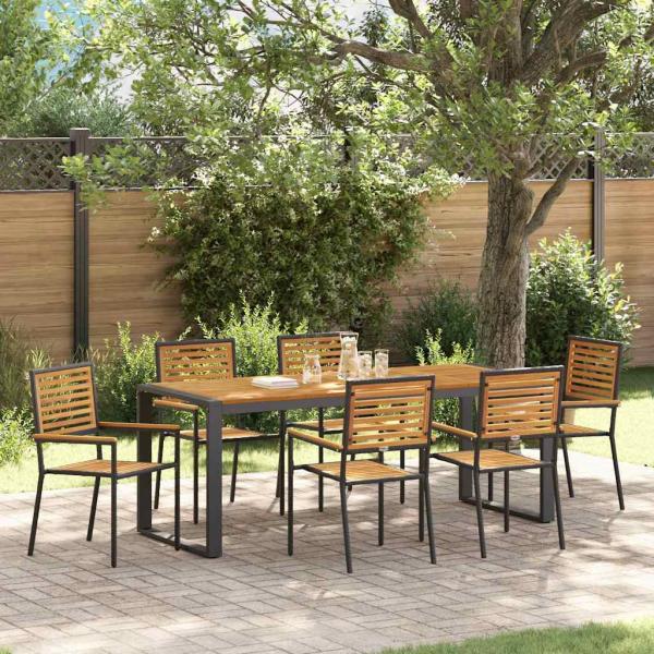 ARDEBO.de - 7 Teile Garten Essensemble Schwarz Poly Rattan Akazie, Stapelbare Gartenstühle mit Kissen 2 Stück Schwarz Poly Rattan