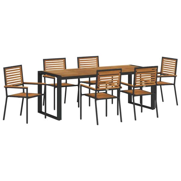 7 Teile Garten Essensemble Schwarz Poly Rattan Akazie, Stapelbare Gartenstühle mit Kissen 2 Stück Schwarz Poly Rattan