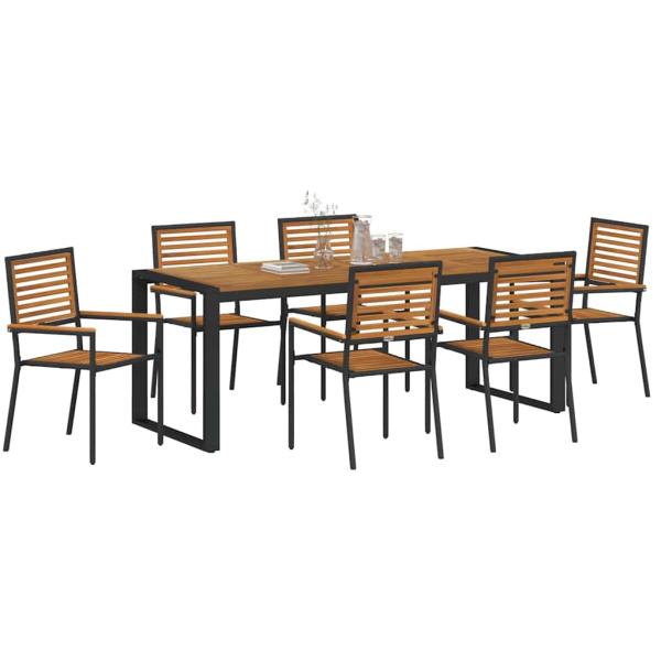 7 Teile Garten Essensemble Schwarz Poly Rattan Akazie, Stapelbare Gartenstühle mit Kissen 2 Stück Schwarz Poly Rattan