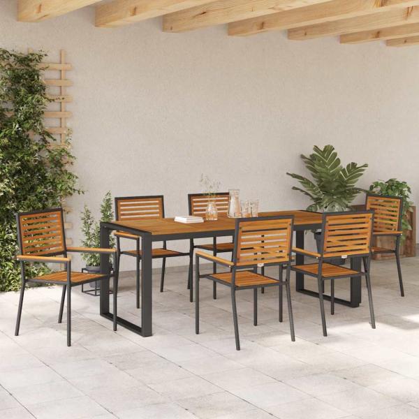 7 Teile Garten Essensemble Schwarz Poly Rattan Akazie, Stapelbare Gartenstühle mit Kissen 2 Stück Schwarz Poly Rattan