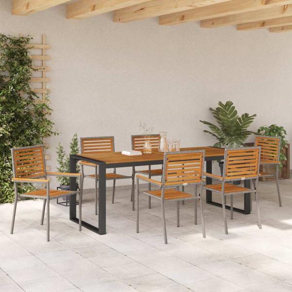 7-teiliges Garten Essset Grau Poly-Rattan Akazie, Stapelbare Gartenstühle mit Kissen 2 Stück Grau Poly-Rattan