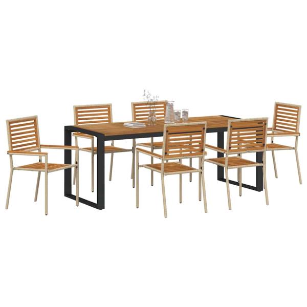 7-teiliges Garten Essset Beige Poly-Rattan Akazie, Stapelbare Gartenstühle mit Kissen - Set von 2 in Beige Poly-Rattan