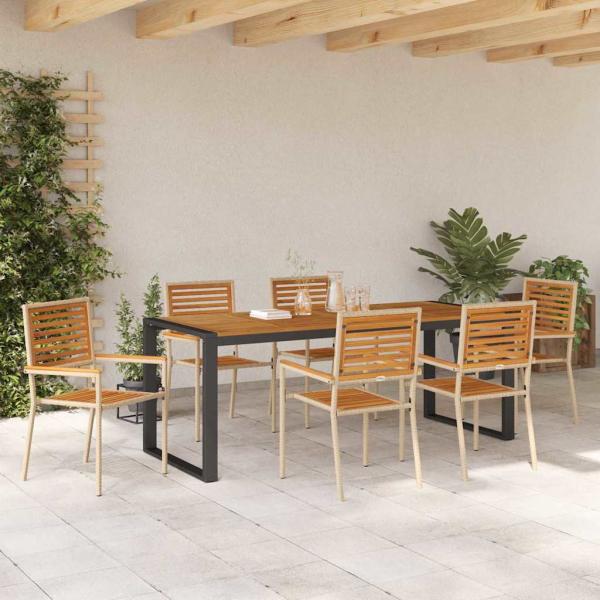 7-teiliges Garten Essset Beige Poly-Rattan Akazie, Stapelbare Gartenstühle mit Kissen - Set von 2 in Beige Poly-Rattan