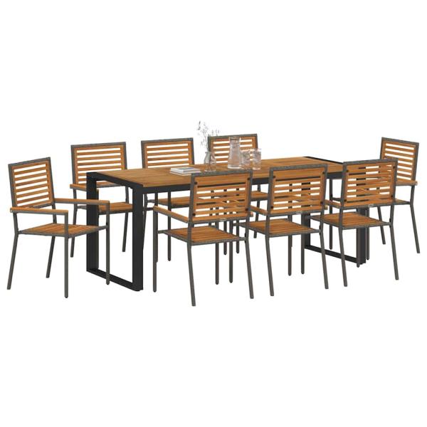 9-teiliges Garten Esszimmer Set Grau Poly-Rattan Akazie, Stapelgartenstühle mit Kissen 2 Stück Grau Poly-Rattan