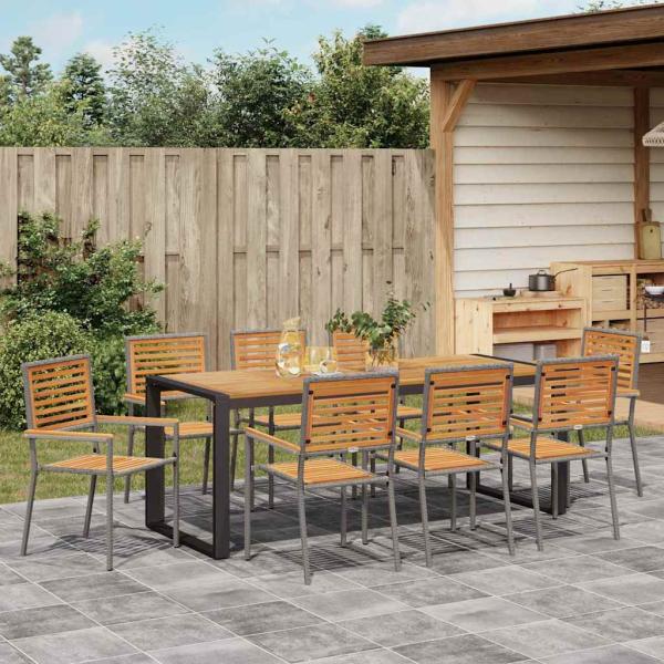 9-teiliges Garten Esszimmer Set Grau Poly-Rattan Akazie, Stapelgartenstühle mit Kissen 2 Stück Grau Poly-Rattan