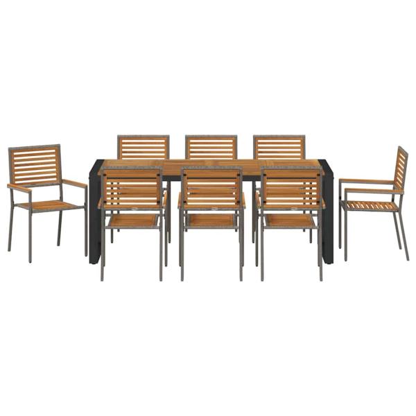 9-teiliges Garten Esszimmer Set Grau Poly-Rattan Akazie, Stapelgartenstühle mit Kissen 2 Stück Grau Poly-Rattan