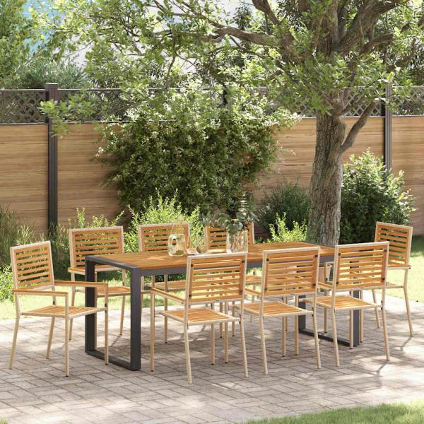 ARDEBO.de - 9 Teile Garten Esstischset Beige Poly Rattan Akazie, Stapelbare Gartenstühle mit Kissen - Set von 2 in Beige Poly Rattan