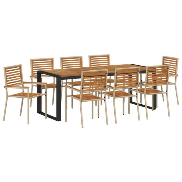 9 Teile Garten Esstischset Beige Poly Rattan Akazie, Stapelbare Gartenstühle mit Kissen - Set von 2 in Beige Poly Rattan