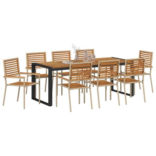 9 Teile Garten Esstischset Beige Poly Rattan Akazie, Stapelbare Gartenstühle mit Kissen - Set von 2 in Beige Poly Rattan