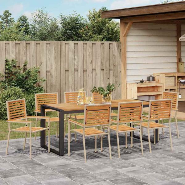 9 Teile Garten Esstischset Beige Poly Rattan Akazie, Stapelbare Gartenstühle mit Kissen - Set von 2 in Beige Poly Rattan