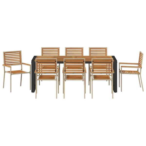 9 Teile Garten Esstischset Beige Poly Rattan Akazie, Stapelbare Gartenstühle mit Kissen - Set von 2 in Beige Poly Rattan