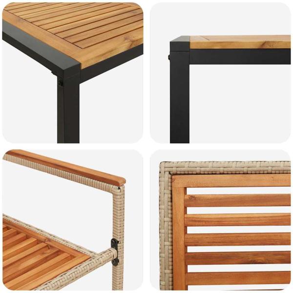 9 Teile Garten Esstischset Beige Poly Rattan Akazie, Stapelbare Gartenstühle mit Kissen - Set von 2 in Beige Poly Rattan