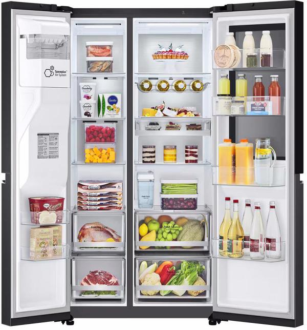 LG GSGV91EVAD Stand Side-by-Side Kombination, 91,3 cm breit, 635 L, Eis-, Crushed Ice- und Wasserspender, Wassertank, WLAN, Essence Black Steel