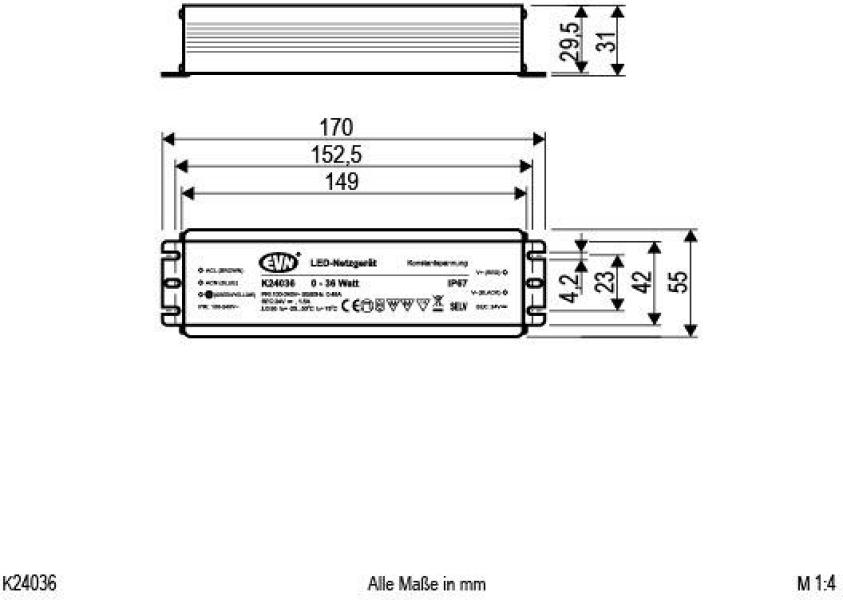 EVN Netzgerät, 24V/DC, 0,1-36W, IP67, Primär: 100-240V (K24036)