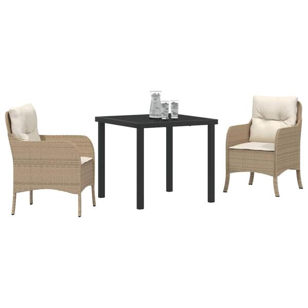 3-teiliges Garten-Ess-Set mit Kissen Beige Poly Rattan
