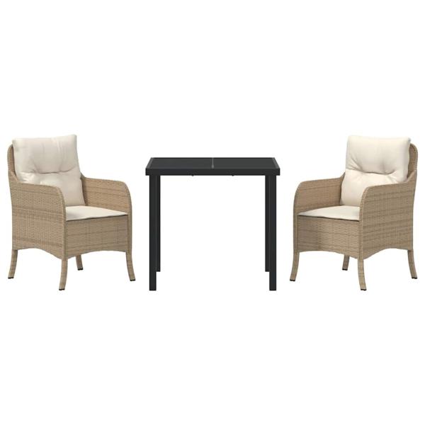 3-teiliges Garten-Ess-Set mit Kissen Beige Poly Rattan