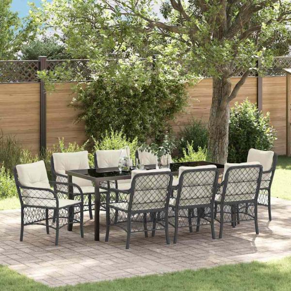 ARDEBO.de - Garten Essgruppe mit Kissen 9 pcs Schwarz Poly-Rattan