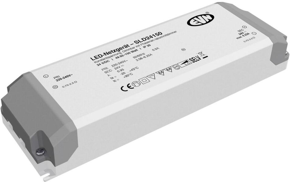 ARDEBO.de EVN SLD-Serie Netzgerät 24V/DC, 49,92-150W, IP20, Primär: 220-240V, dimmbar mit Phasenan- und Phasenabschnitt-Dimmer (SLD24150)