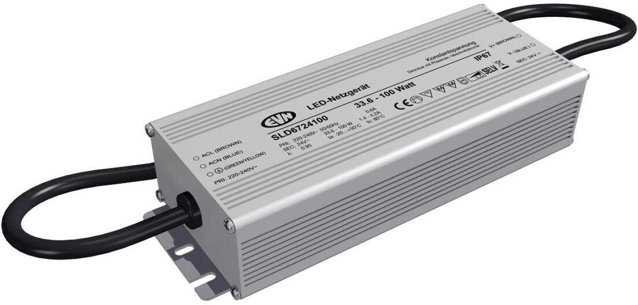 ARDEBO.de EVN SLD-Serie Netzgerät 24V/DC, 33,6-100W, IP67, Primär: 220-240V, dimmbar mit Phasenan- und Phasenabschnitt-Dimmer (SLD6724100)