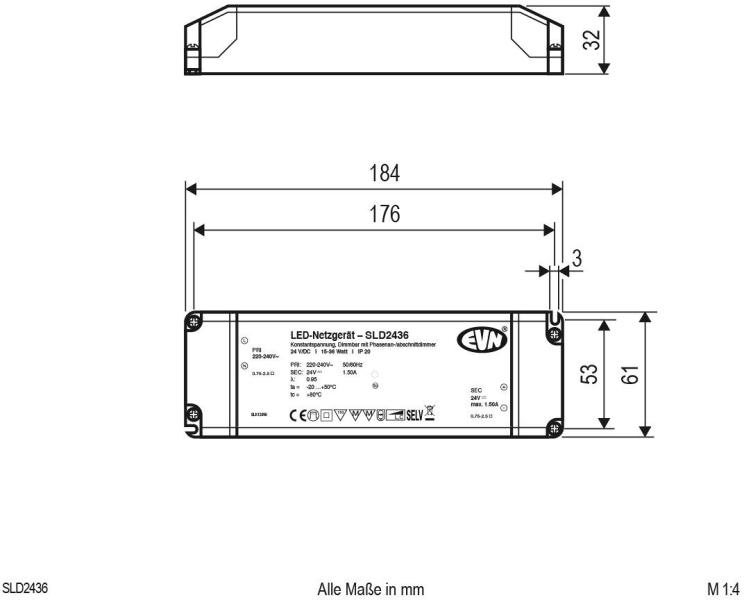 ARDEBO.de EVN SLD-Serie Netzgerät 24V/DC, 15-36W, IP20, Primär: 220-240V, dimmbar mit Phasenan- und Phasenabschnitt-Dimmer (SLD2436)