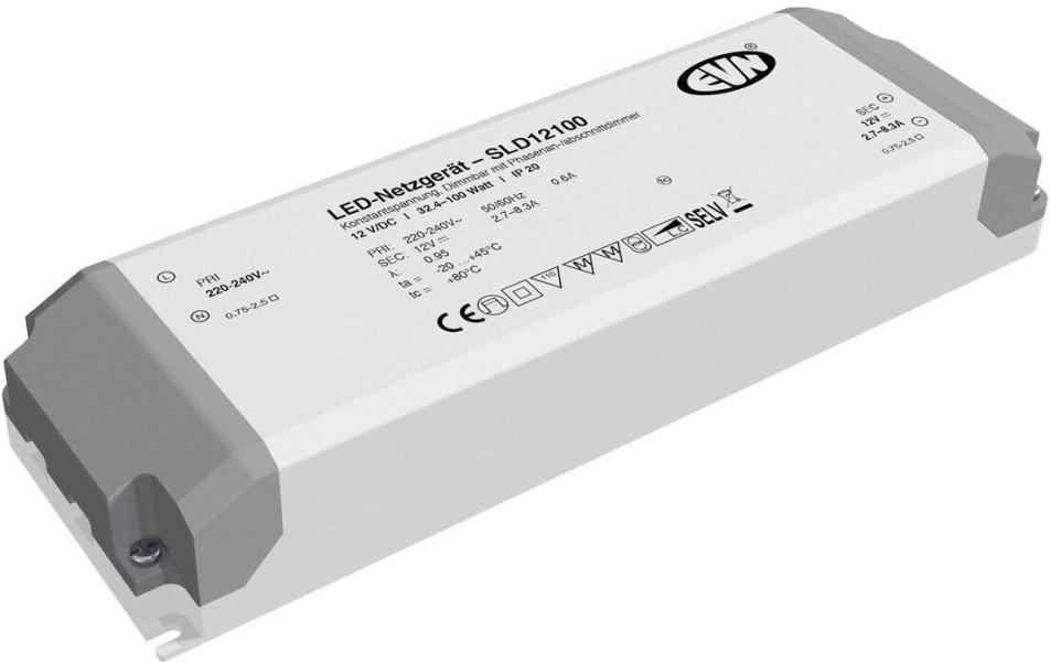 ARDEBO.de EVN SLD-Serie Netzgerät 12V/DC, 32,4-100W, IP20, Primär: 220-240V, dimmbar mit Phasenan- und Phasenabschnitt-Dimmer (SLD12100)