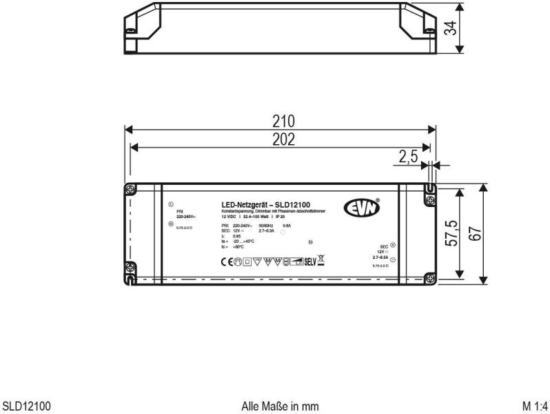 EVN SLD-Serie Netzgerät 12V/DC, 32,4-100W, IP20, Primär: 220-240V, dimmbar mit Phasenan- und Phasenabschnitt-Dimmer (SLD12100)