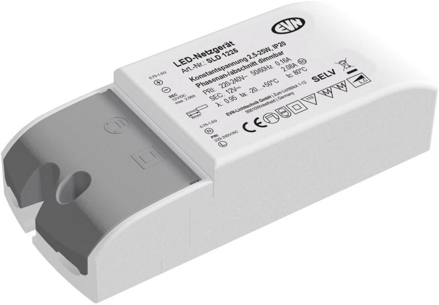 ARDEBO.de EVN SLD-Serie Netzgerät 12V/DC, 2,5-25W, IP20, Primär: 220-240V, dimmbar mit Phasenan- und Phasenabschnitt-Dimmer (SLD1225)