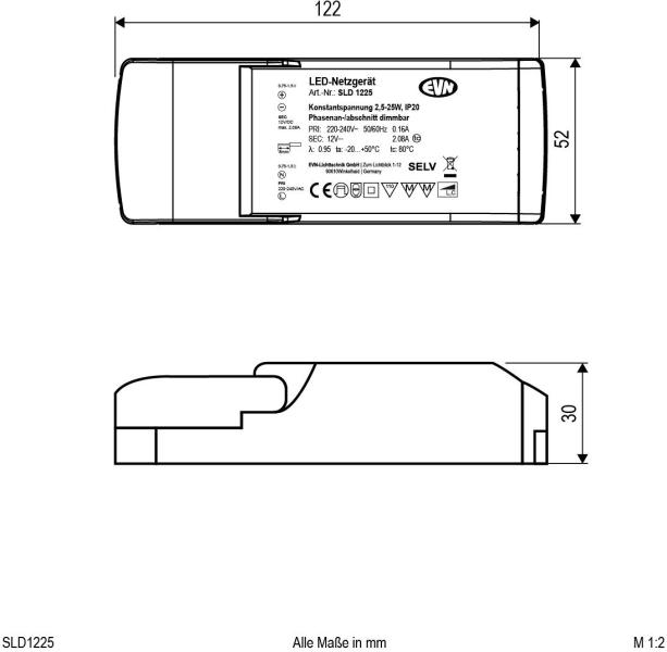 EVN SLD-Serie Netzgerät 12V/DC, 2,5-25W, IP20, Primär: 220-240V, dimmbar mit Phasenan- und Phasenabschnitt-Dimmer (SLD1225)