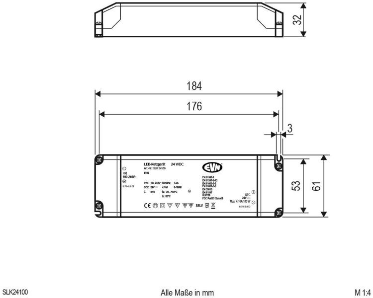 EVN SLK-Serie Netzgerät 24V/DC, 0,1-100W, IP20, Primär: 100-240V (SLK24100)