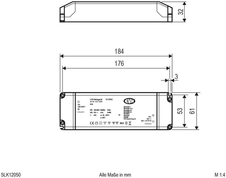 EVN SLK-Serie Netzgerät 12V/DC, 0,1-50W, IP20, Primär: 100-240V (SLK12050)
