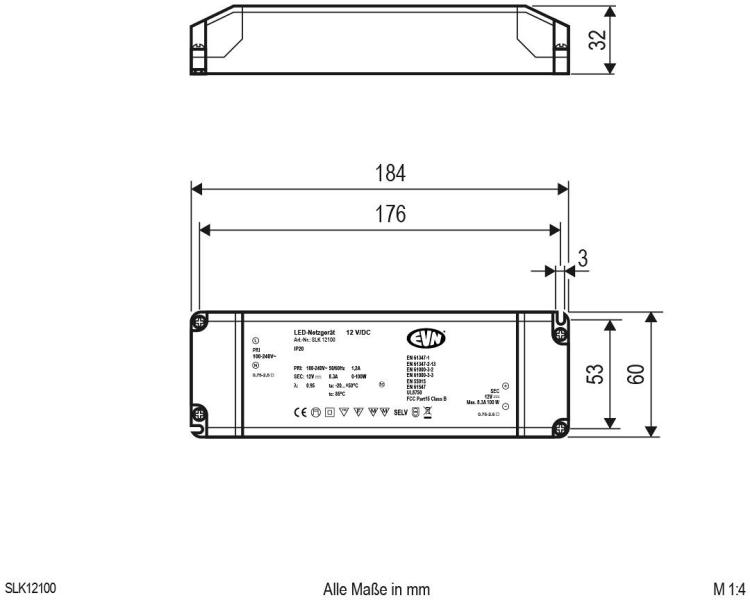 ARDEBO.de EVN SLK-Serie Netzgerät 12V/DC, 0,1-100W, IP20, Primär: 100-240V (SLK12100)