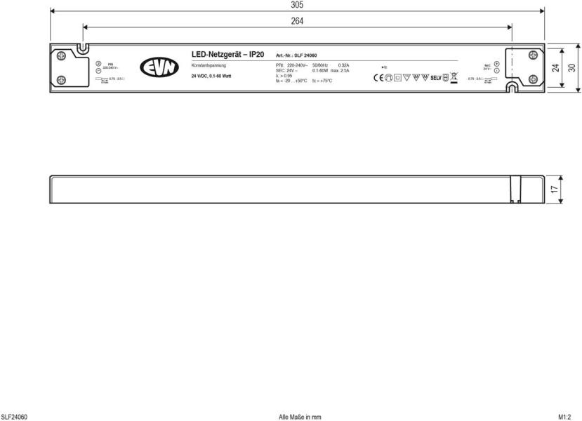 EVN SLF-Serie Netzgerät 24V/DC, 0,1-60W, IP20, Primär: 220-240V (SLF24060)