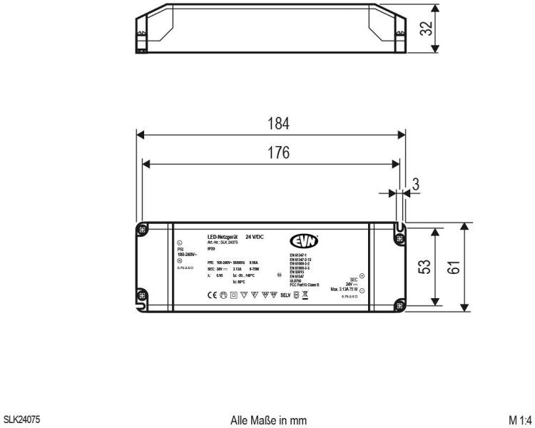 EVN SLK-Serie Netzgerät 24V/DC, 0,1-75W, IP20, Primär: 100-240V (SLK24075)