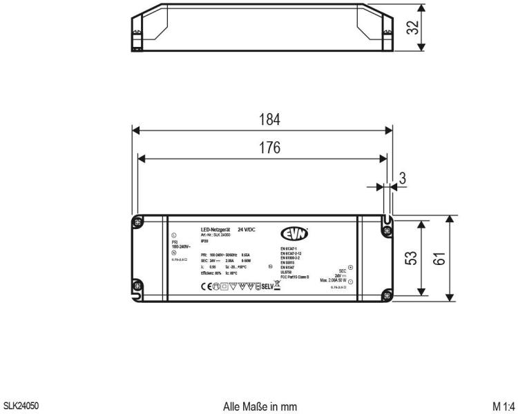 ARDEBO.de EVN SLK-Serie Netzgerät 24V/DC, 0,1-50W, IP20, Primär: 100-240V (SLK24050)