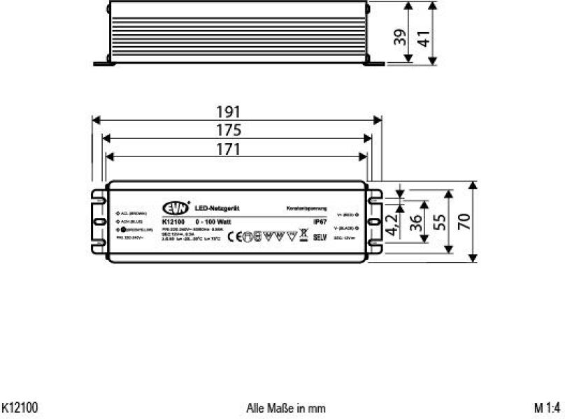 EVN Netzgerät, 12V/DC, 0,1-100W, IP67, Primär: 100-240V (K12100)