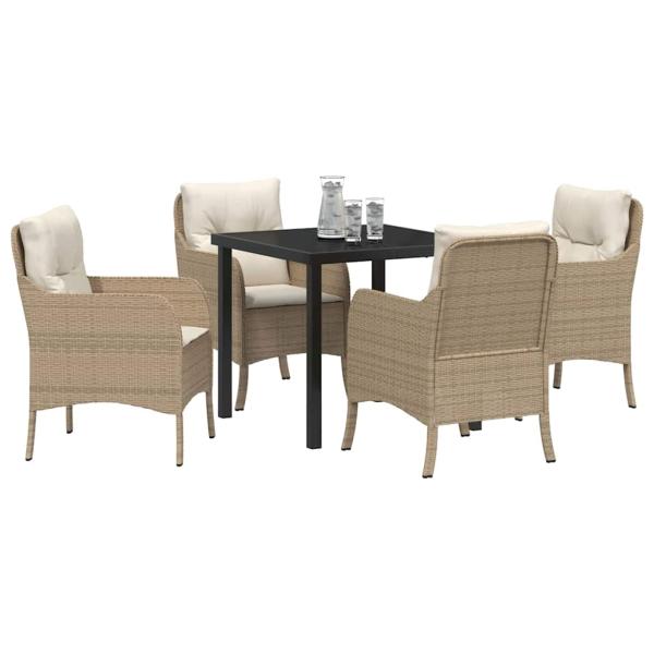 5-teiliges Garten-Ess-Set mit Kissen in Beige Poly-Rattan