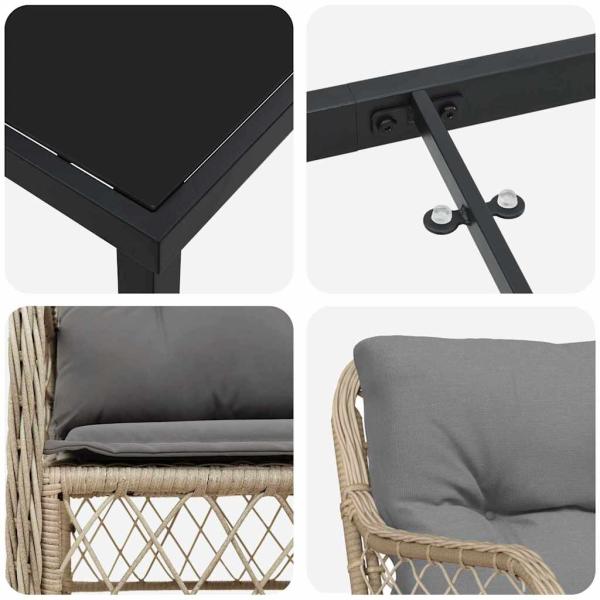 3-teiliges Garten-Essset mit Kissen Beige Poly-Rattan