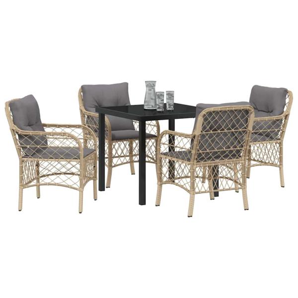 5-teiliges Garten-Ess-Set mit Kissen Beige Poly Rattan