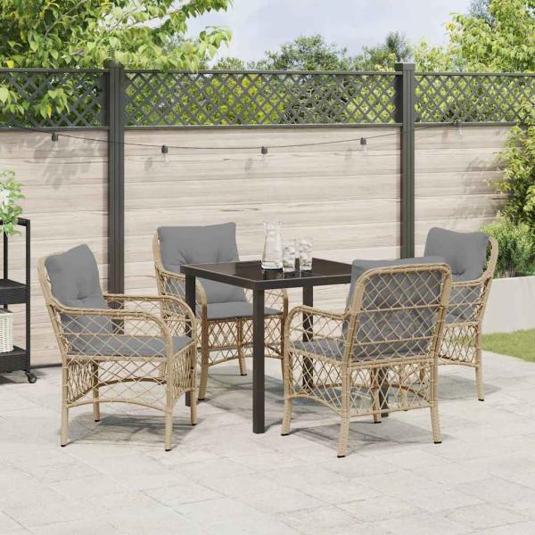 5-teiliges Garten-Ess-Set mit Kissen Beige Poly Rattan