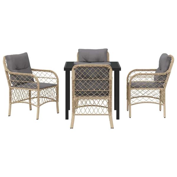 5-teiliges Garten-Ess-Set mit Kissen Beige Poly Rattan