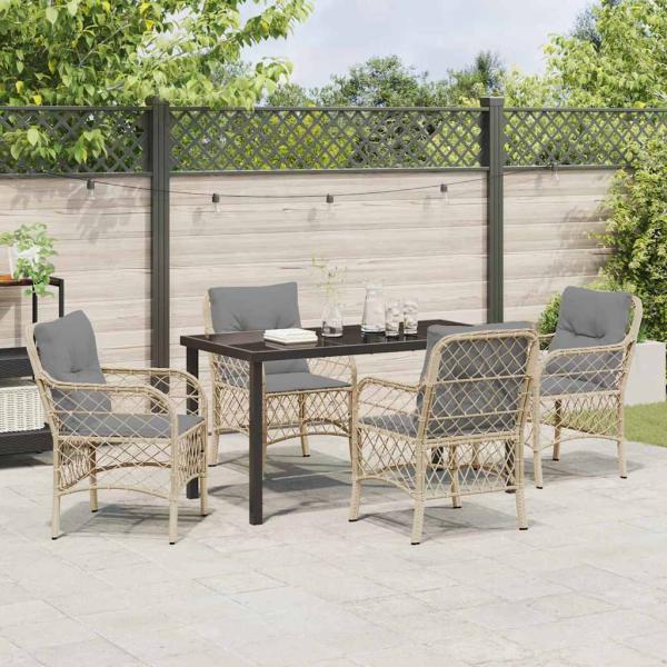 5-teiliges Garten-Essgruppen-Set mit Kissen Beige Poly Rattan