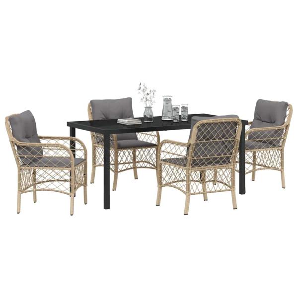 5-teiliges Garten-Esszimmer-Set mit Kissen Beige Poly-Rattan