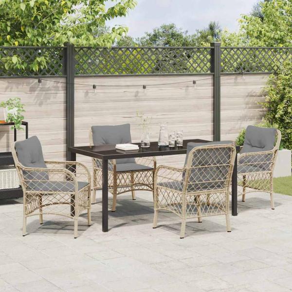 5-teiliges Garten-Esszimmer-Set mit Kissen Beige Poly-Rattan