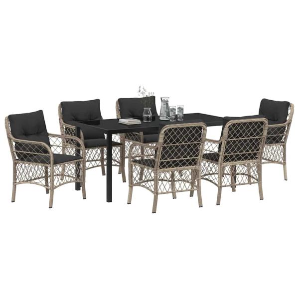7-teiliges Garten-Esszimmer-Set mit Kissen Hellgrauer Poly-Rattan