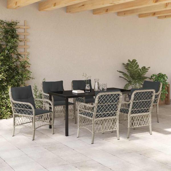 7-teiliges Garten-Esszimmer-Set mit Kissen Hellgrauer Poly-Rattan