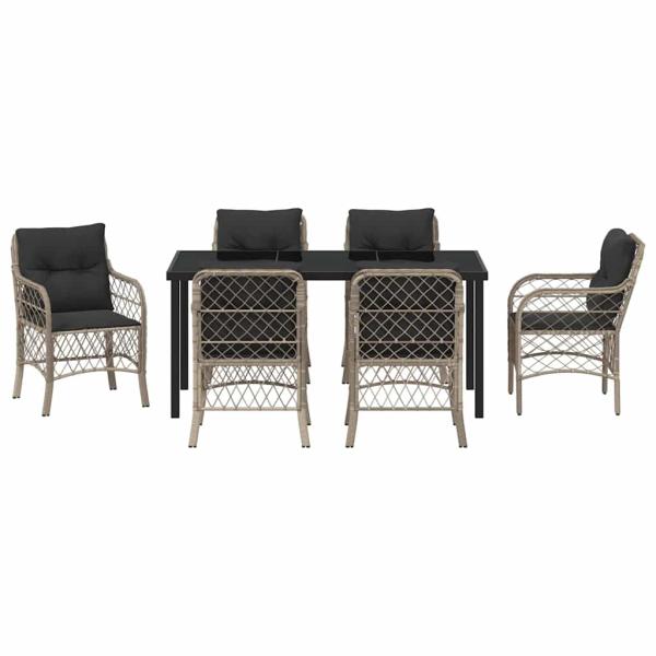 7-teiliges Garten-Esszimmer-Set mit Kissen Hellgrauer Poly-Rattan