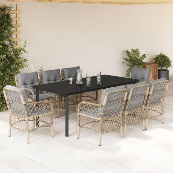 ARDEBO.de - 9-tlg. Garten-Essgruppe mit Kissen Beigemischung Poly Rattan