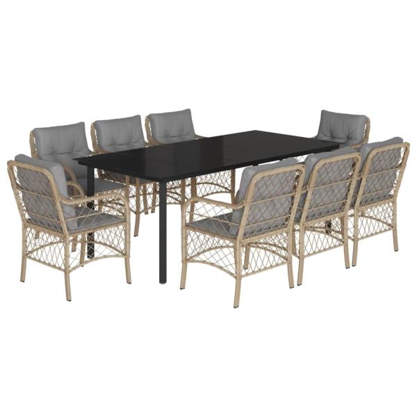 9-tlg. Garten-Essgruppe mit Kissen Beigemischung Poly Rattan