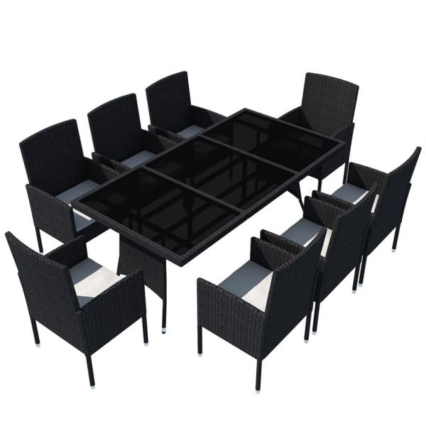 9-tlg. Garten-Essgruppe mit Kissen Poly Rattan Schwarz